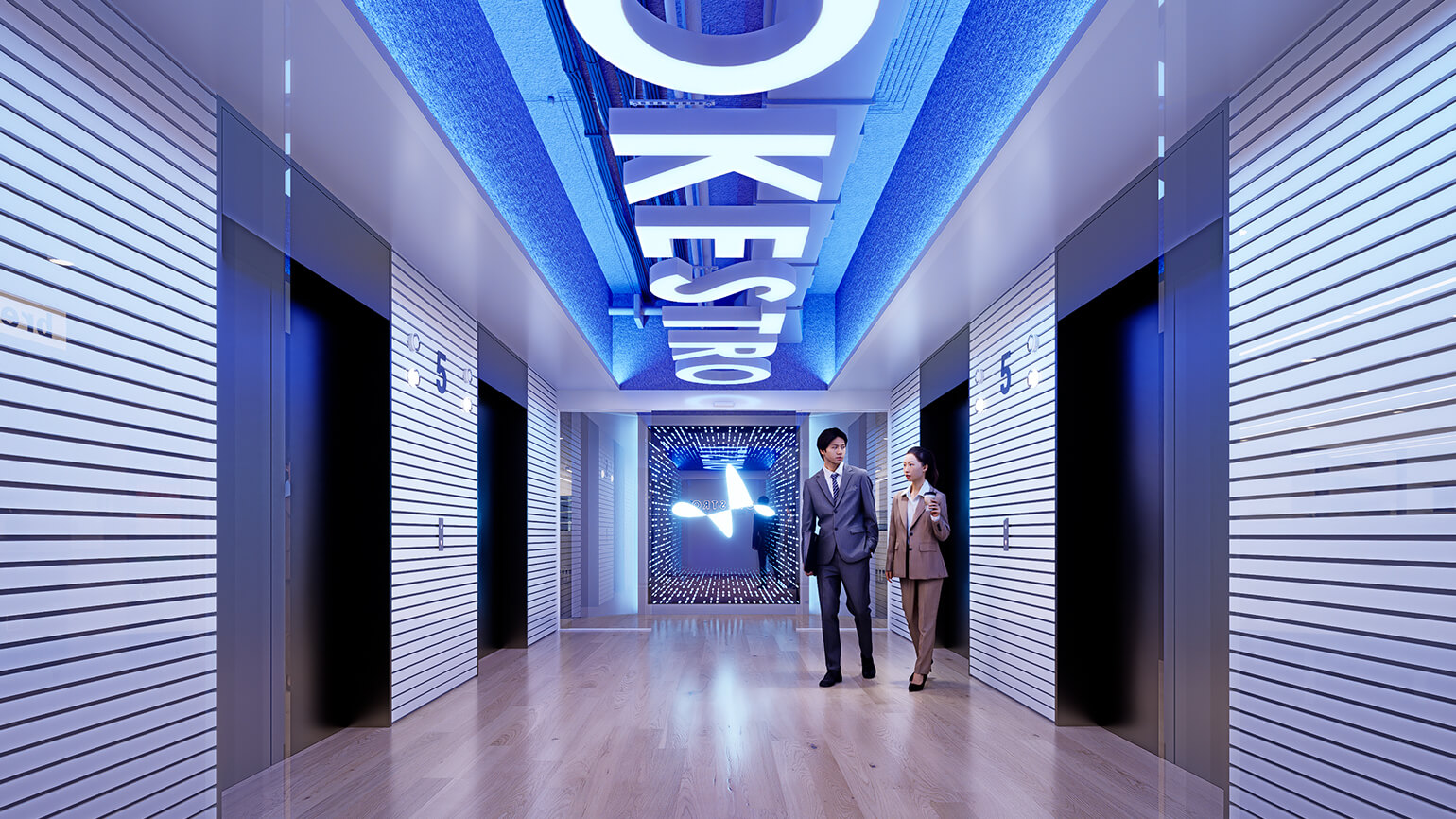 오케스트로 OKESTRO 엘리베이터 홀 디자인 3D CG 이미지 제안 이미지 블루 라이트 발광 로고 인피니티 미러 인피니티미러 루버 우드